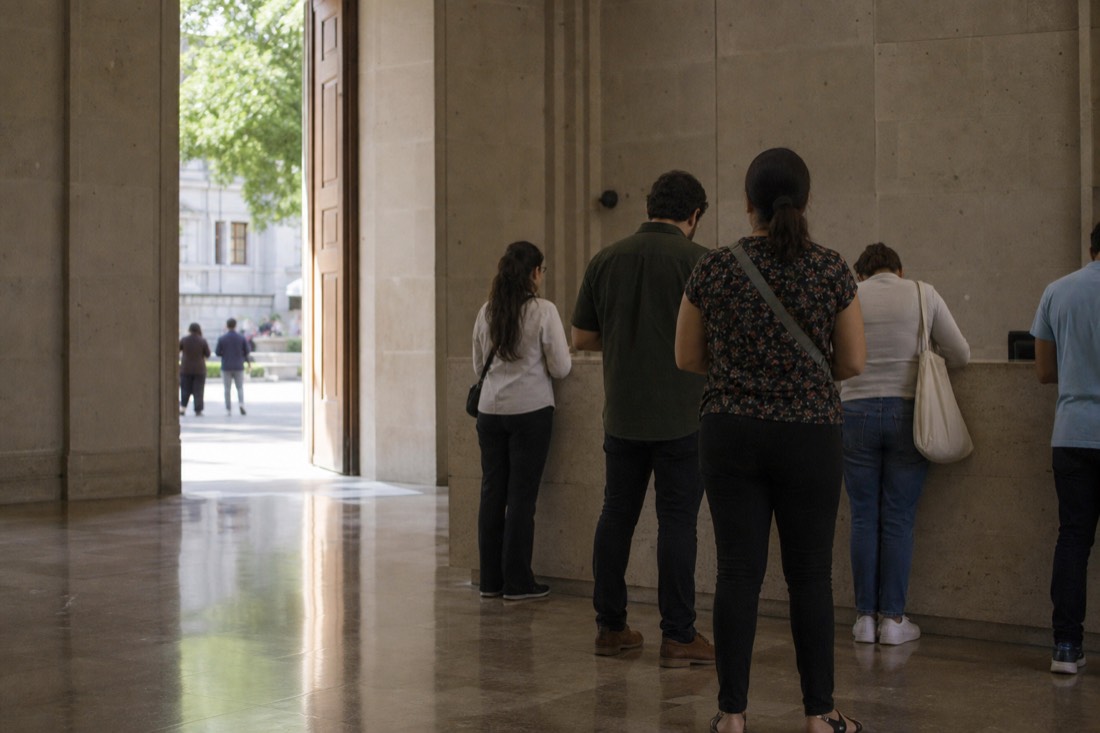 Visitors reading timed-entry ticket information at the gate of a Mexico City museum