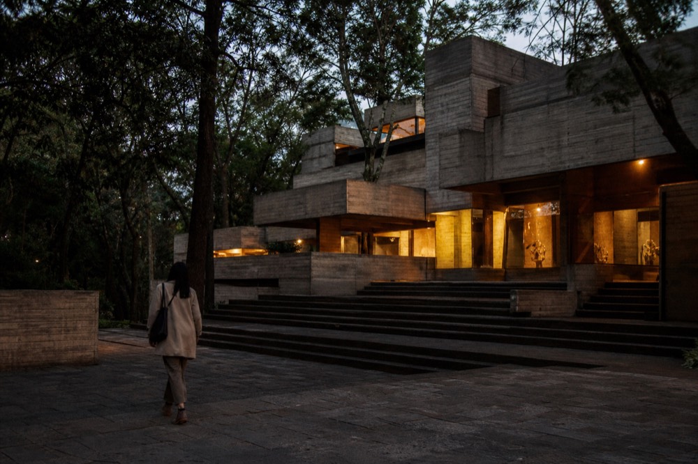The stepped concrete and glass exterior of the Museo Tamayo set into the Chapultepec woods