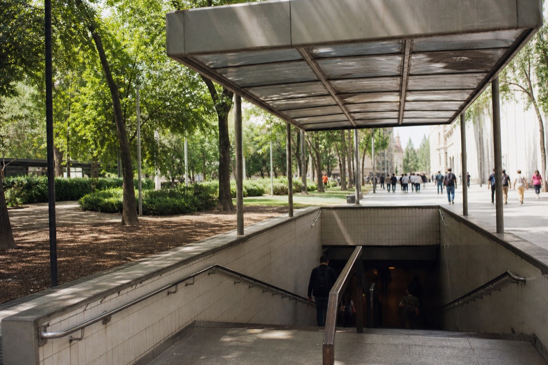 The angular concrete exterior of the Museo Tamayo set into the woods of Chapultepec park
